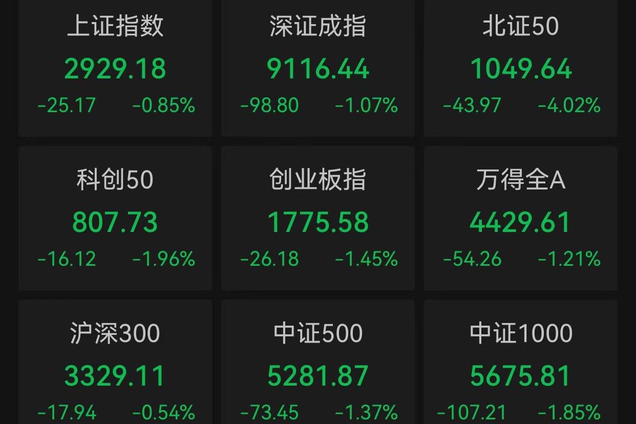 A股收评:创业板指跌超2%创阶段新低 全市场超4700只个股下跌